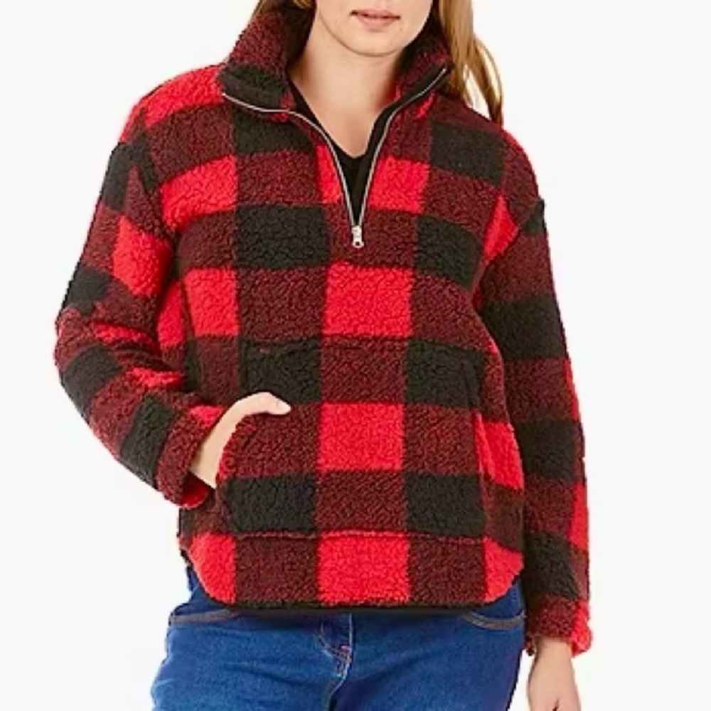OLD NAVY Red Black Buffalo Plaid Check Fleece Top Pullover 1/4 Zip Front Pocket